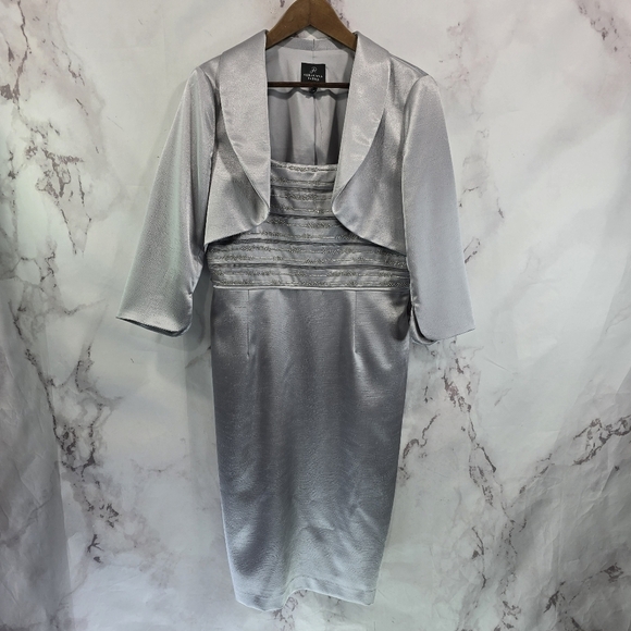 Adrianna Papell Dress Jacket Set Womens 12 Gray Metallic Satin Mother Of Bride - Picture 1 of 15